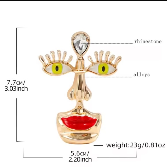 Abstract Face Brooch with Red Lips and Yellow Eyes - Picture 5 of 9